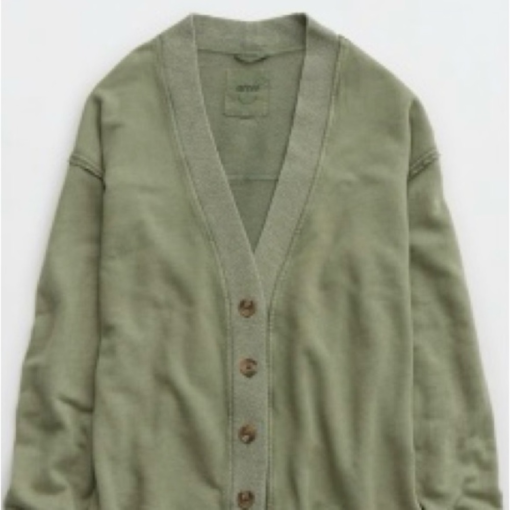 Aerie Fleece Button-Up Cardigan in Olive Fun - Picture 5 of 7